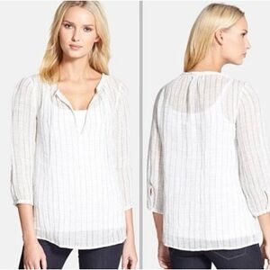 Eileen Fisher White & Pewter Gray Windowpane Linen Gauze 3/4 Sleeve Top Medium